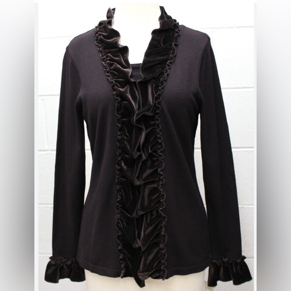 Elementz Sweaters - Elementz Women’s evening jacket with built-in top and velvet frill brown size M